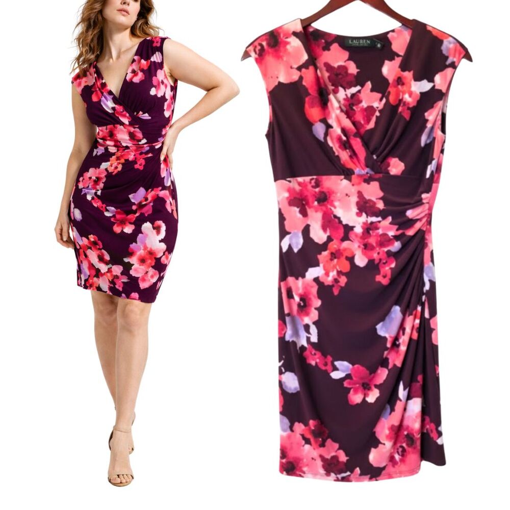 Lauren Ralph Lauren Floral Dress 8 Purple Pink Ruched V-Neck Stretch Sheath
